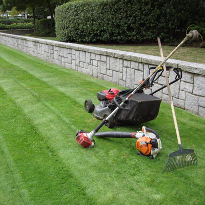 Lawnmower, rake, lawn cleanup